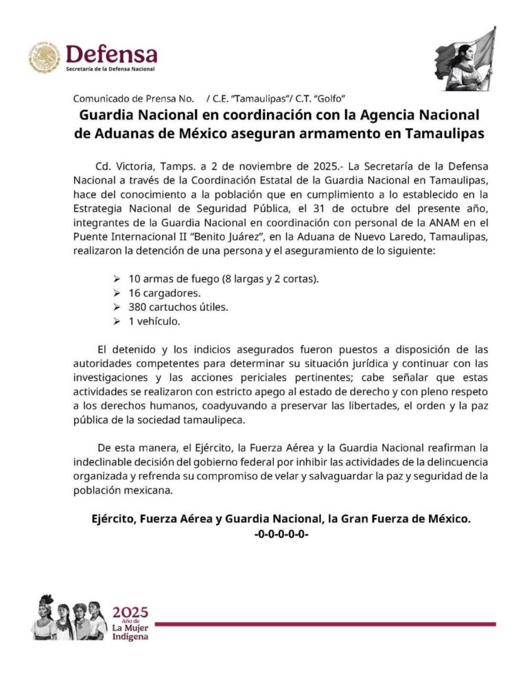 Aseguran armas y detienen a una persona en la Aduana de Nuevo Laredo, Tamaulipas