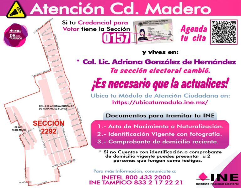 Convoca INE actualizar Credencial para Votar tras reseccionamiento en Madero