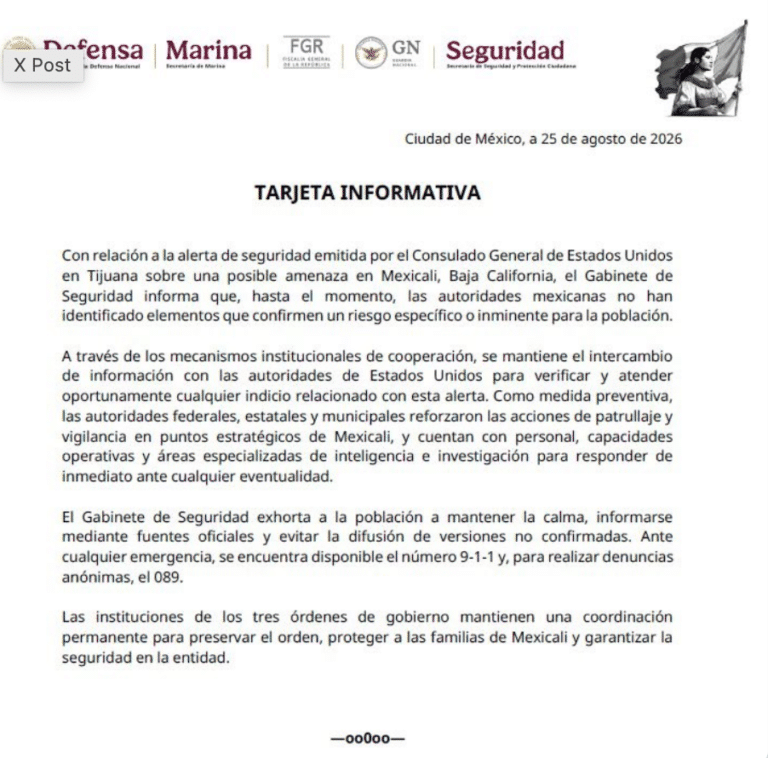 Tras alerta de EE. UU., México no ve amenaza inminente en Mexicali, pero refuerza seguridad